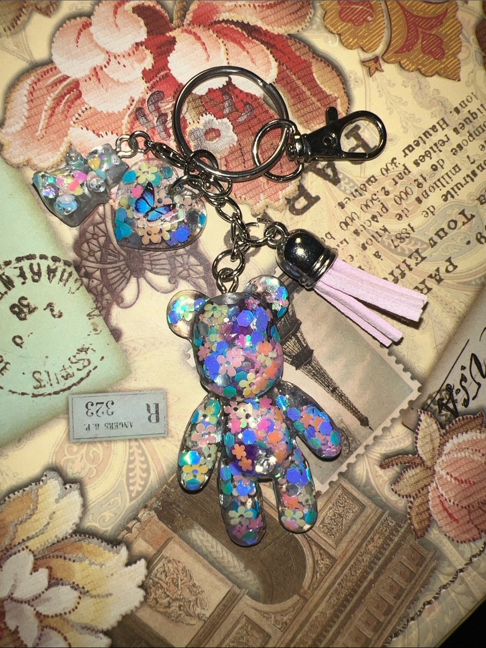 Hand Crafted Multicolor Glitter Teddy Bear Keychain, backpack charm.